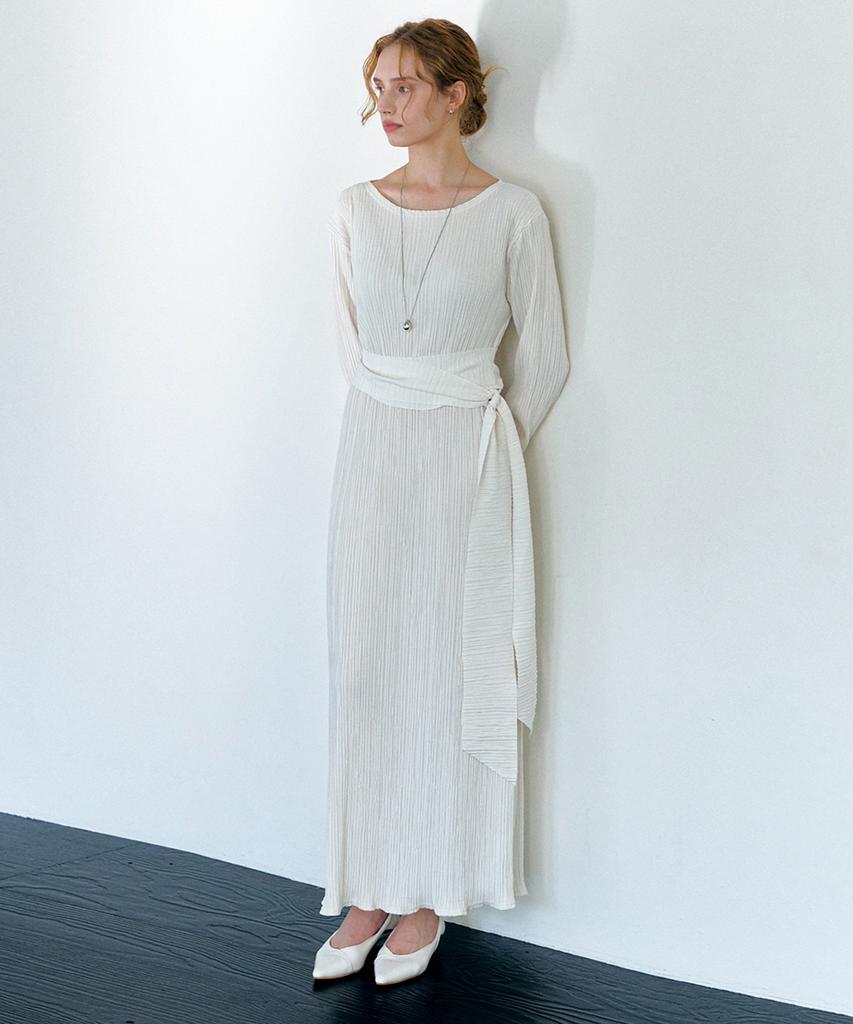 Meojiaenminggeul Iconic Pleats Maxi Belted Dress (Ivory)