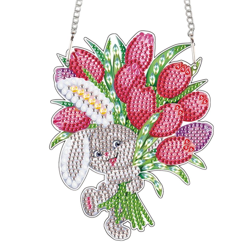 Special Shape Easter Rabbit Wreath Rhinestone Diamond Art Pendants Diamond Painting Hanging Pendant for Garden Window Decor