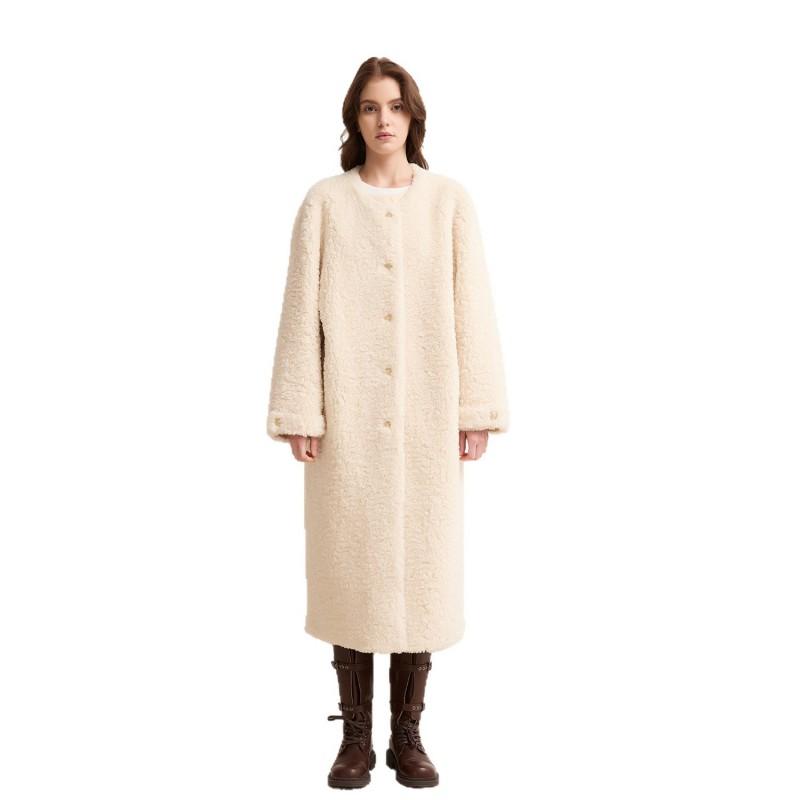 Womens Winter Faux Fur Coat Loose Fit Round Neck Mid-Length Solid Color Fleece Outerwear
