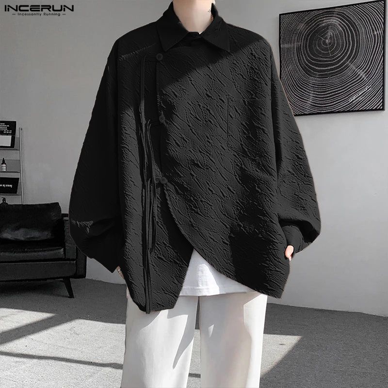 INCERUN Oversized Men Turn Down Collar Long Sleeve Side Cross Irregular Texture Shirts Tops