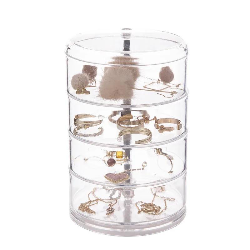 Rotating Jewelry Storage Box for Makeup Storage Rack Bracelet Earring Round Plastic Organizer Box Holder Display Rack with Cover