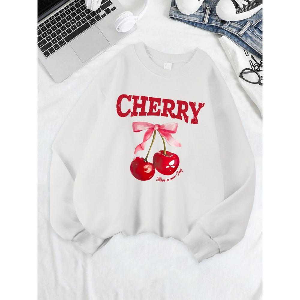 Cherry Pink Bow Have A Nice Day Prints Sweatshirts Women Warm Comfortable Hoodie O-Neck Tops Winter Casual Clothes