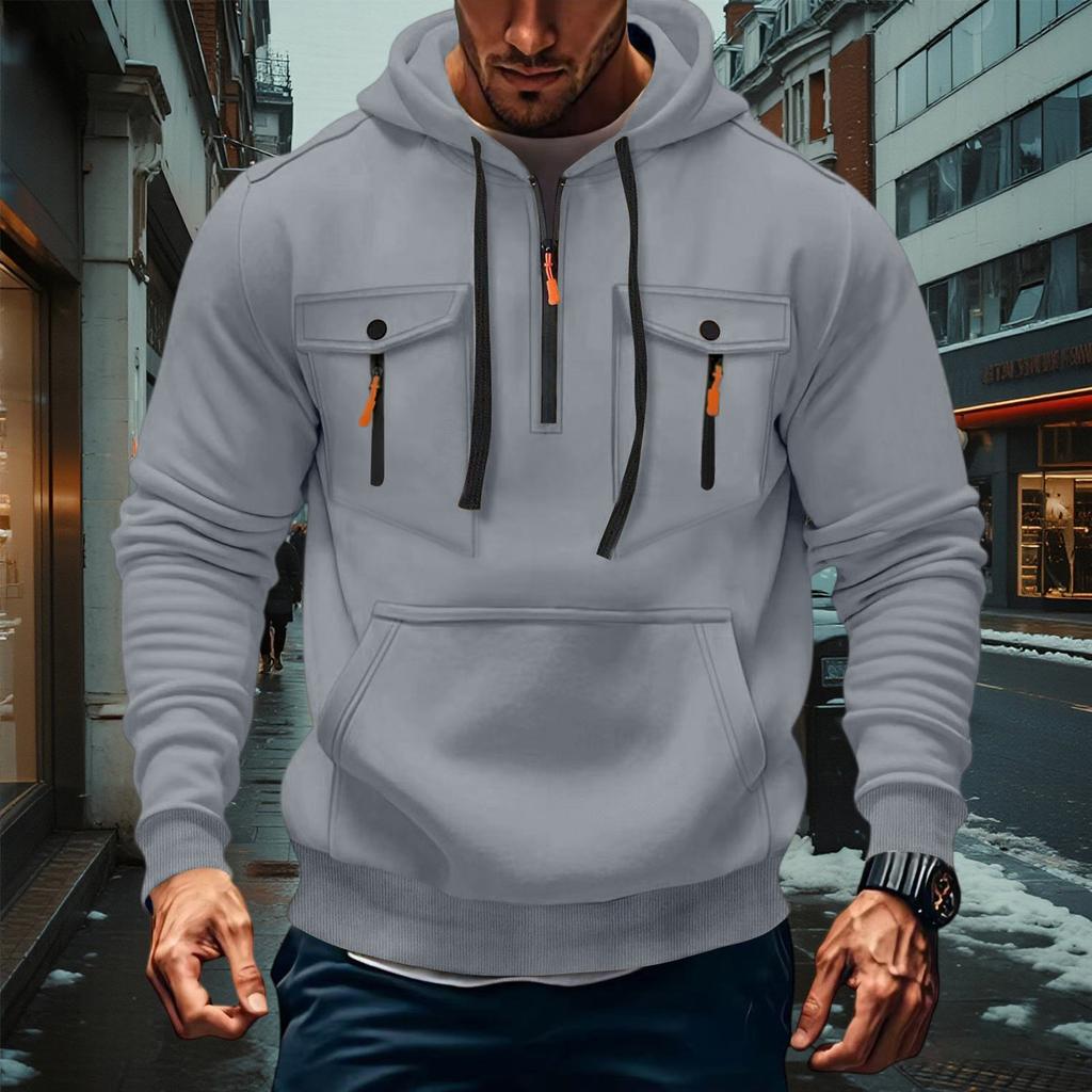 Men's Military Cargo Hoodies, Casual Quarter Zipper Pullover Tops With Multi Pockets