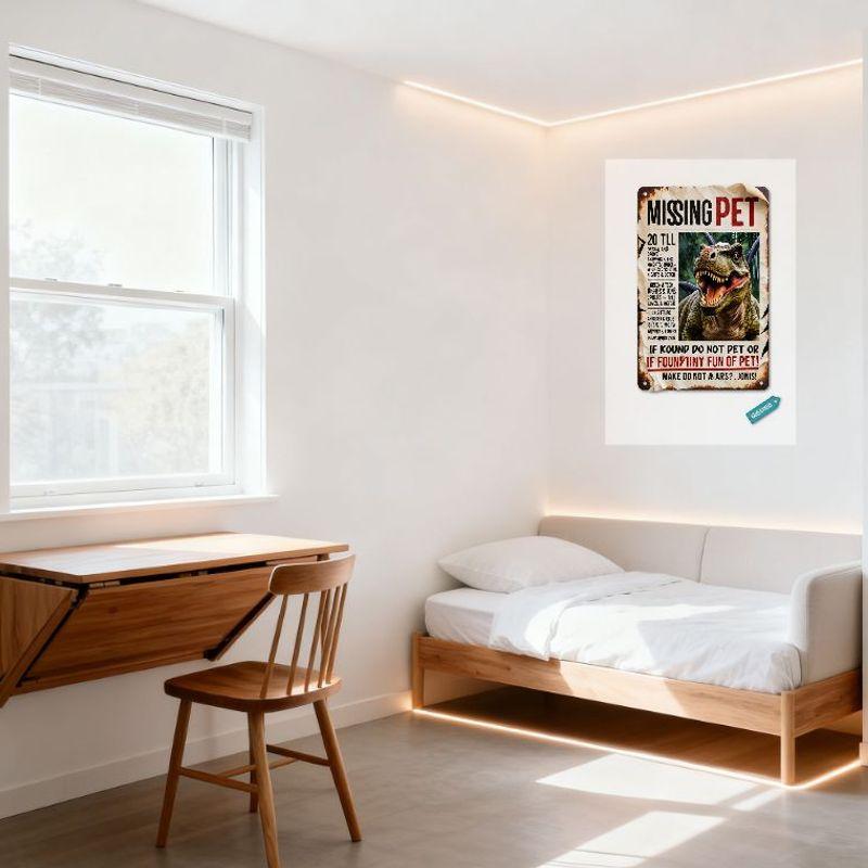 Vintage Missing Green Dinosaur Newspaper Ad Style Metal Tin Sign - Retro Humorous Absurd Pet Poster for Home/Bar/Cafe Man Cave D