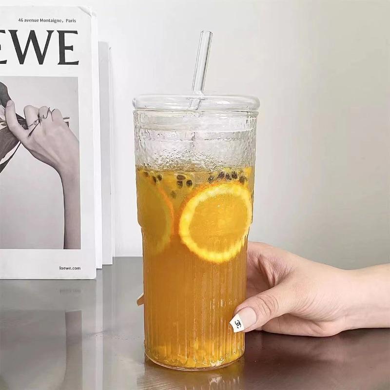 Stripe Glass Cup with Lid and Straw Transparent Drinking Glasses for Juice Iced Coffee Water Cup Outdoor Drinkware Mug