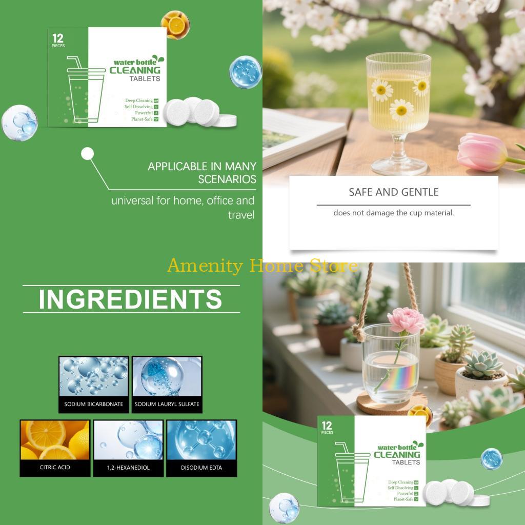 

F26C Effervescent Cup Cleaning Tablets (12 Count) Stain Removing Tablets for Water Bottles, Travel Mugs & Thermos, Denture-Safe CN