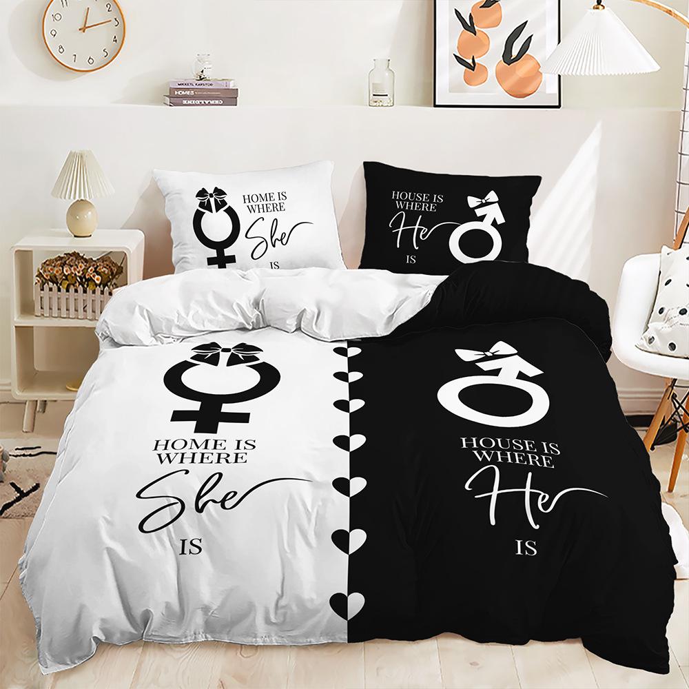 Three-Piece Black And White Series Couple Quilt Cover Digital Printing Bedding Kit