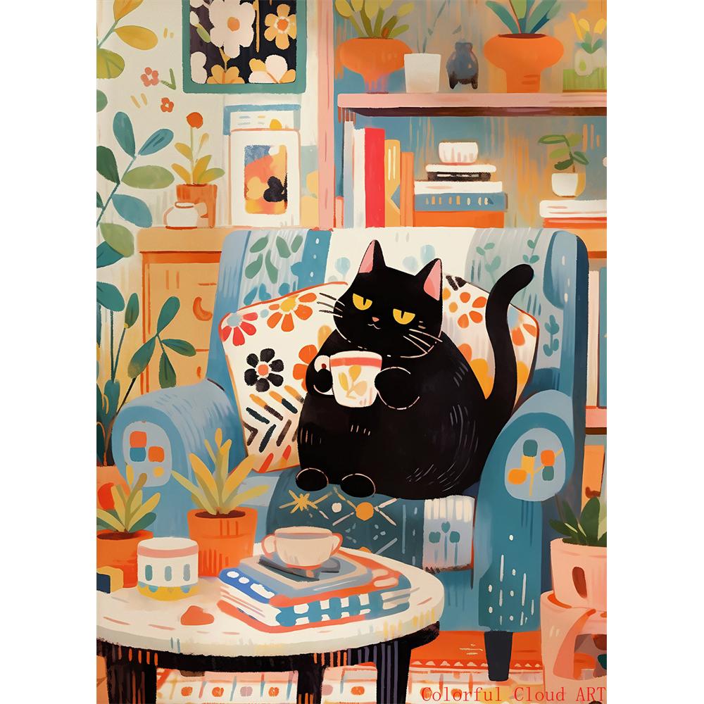 5D DIY Diamantmalerei Kreuzstich Stickerei Lustiges Tier Niedliche Schwarze Katze Weiße Katzen Vollrunde Bohrer Heimdekor Wandkunst Geschenk