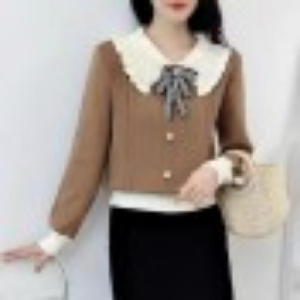 

Новый осенний вязаный топ с кукольным воротником, бантом и кружевом, с длинными рукавами one size кофейный