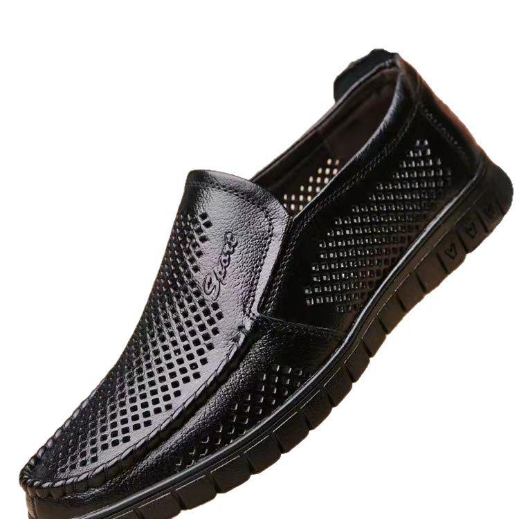 Leather first layer cowhide men's hollow leather sandals hole shoes breathable casual shoes middle-aged and elderly father shoes leather shoes men