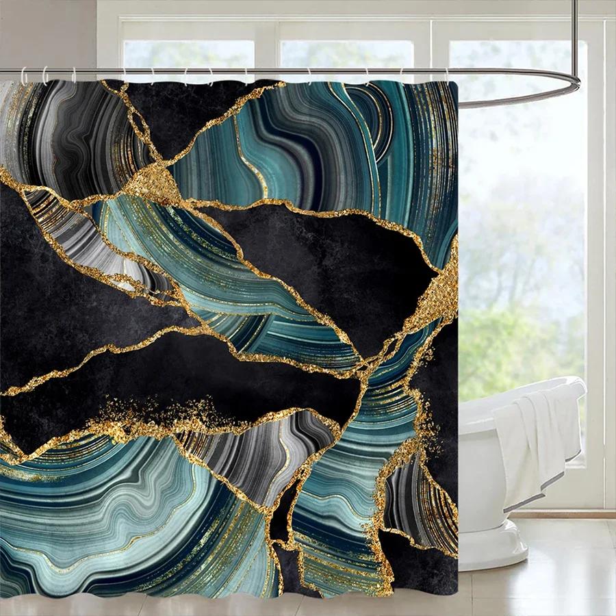 

Black Gold Marble Crack Bathroom Shower Curtain Luxury Abstract Deco Textured Geode Art Polyester Fabric Hooks Bath Curtain Set W60H190(CM)-1 Pcs