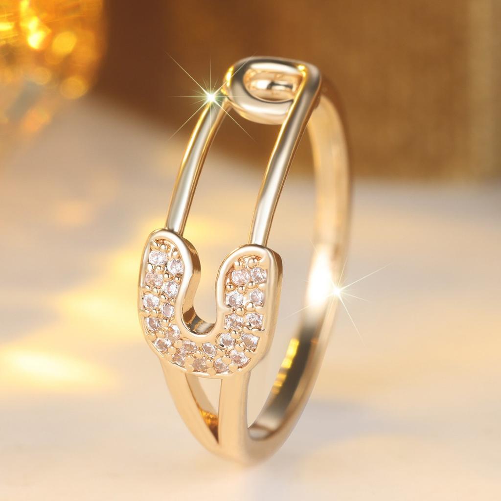 Fashionable Gold Color Pin Style Sparkling Inlaid Zircon Ring, Suitable for Women's Simple Daily Party Jewelry Gifts