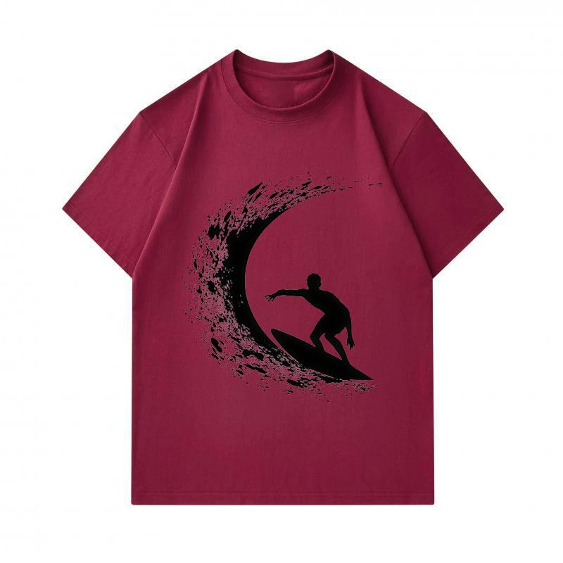 Men's 100% Cotton Crew Neck Short Sleeve T-Shirt, Surfing Silhouette Wave Graphic Print Casual Summer Breathable Soft Tee for Daily Outdoor Surf Sport
