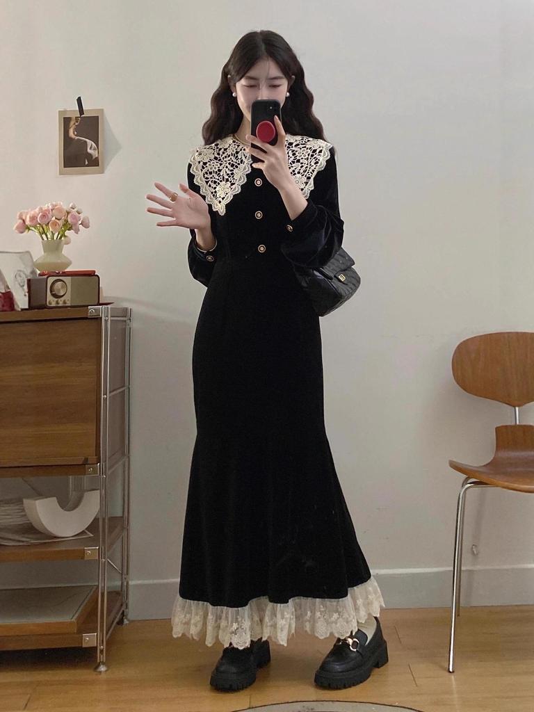 Plus Size Autumn Winter Long Sleeve Retro Lace Collar Patchwork Fishtail Skirt French Dress for Women