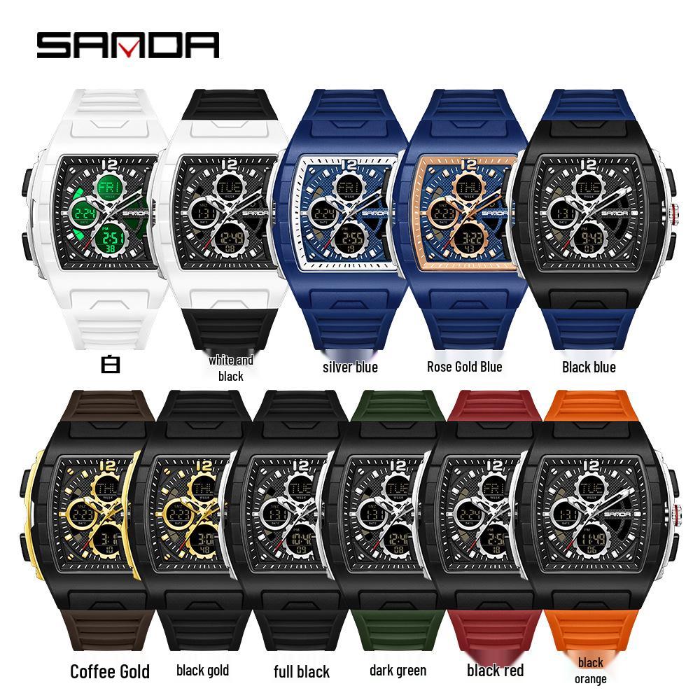 Sanda Men's Sports Barrel-Shaped Luminous Countdown Watch with Triple Time Zone and Dual Display, Waterproof Design.