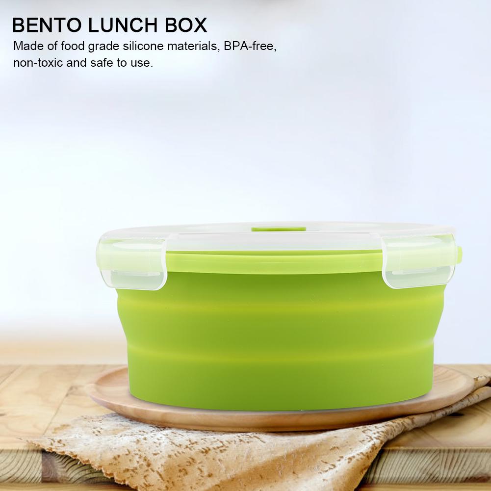 800ml Round Silicone Bento Box Collapsible Lunch Box Microwave Food Container (Light Green)