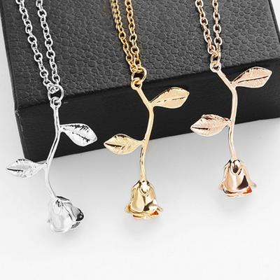 Women Fashion 3D Rose Flower Pendant Alloy Chain Necklace Valentines Day Jewelry