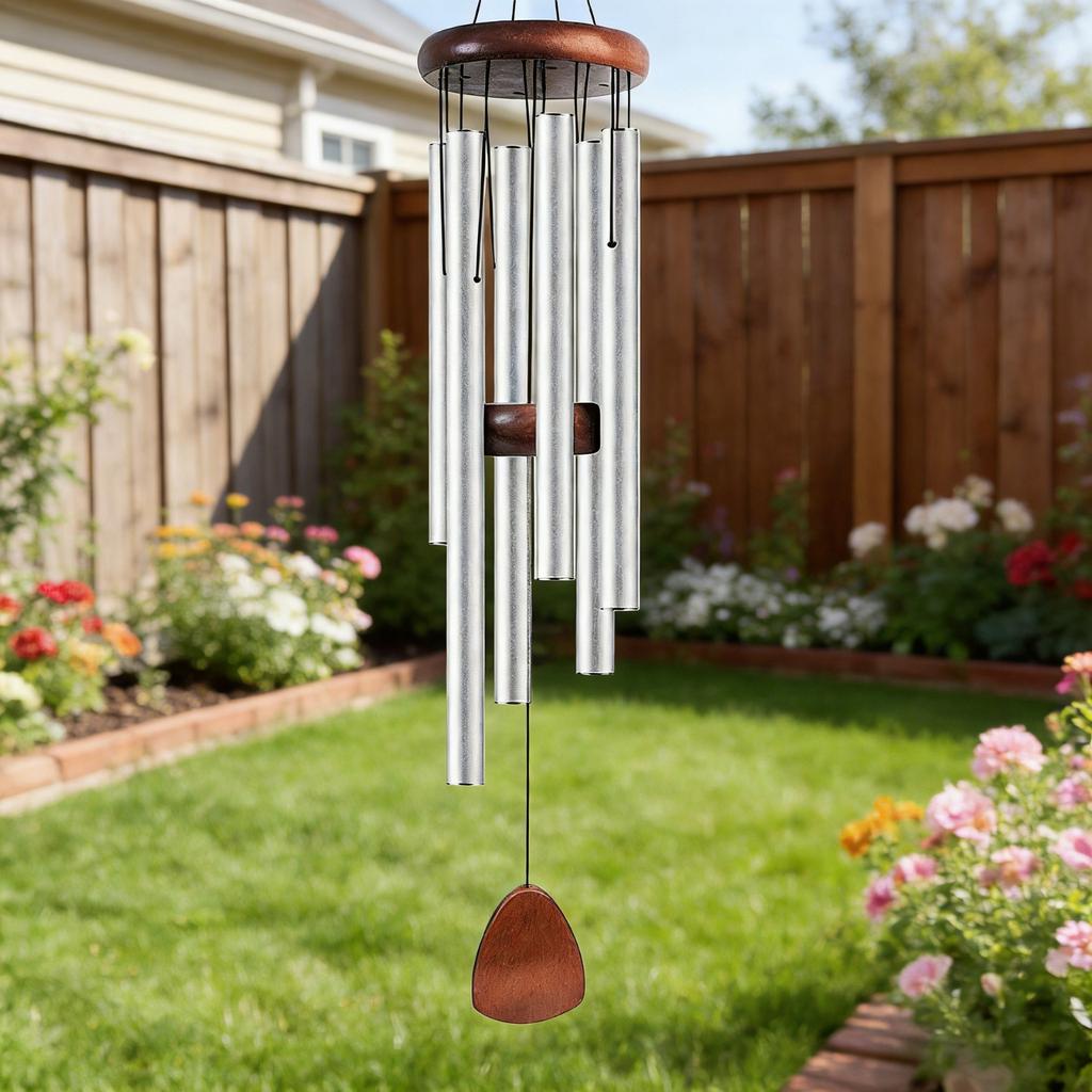 Six Tube Vintage Aluminum Wind Chime Outdoor Hanging Decoration with Natural Wood Top and Leaf Shaped Wind Catcher for Garden Patio Porch