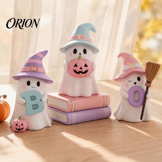 Small Halloween Desk Decorations 3Pcs Pink Ghost Figurines, Cute Spooky Resin Decor with Pumpkin Unique Holiday Gifts BOO Letter, Sweet Tabletop