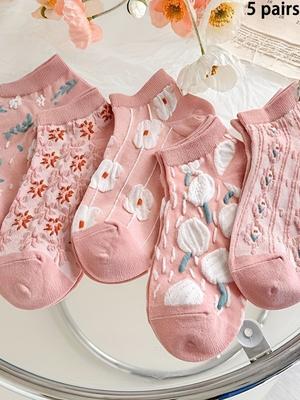 5 Paar Söckchen mit süßer Kawaii-Blumenstruktur und 3D-Muster – dünne, tief ausgeschnittene Strumpfwaren im Vintage-Stil für Damen