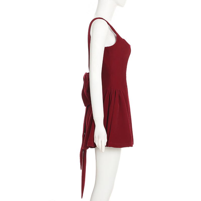 Women's Red A-line Dress: French Heiress Style, Bow Backless, Spaghetti Straps, Waist-Cinching, Fluffy Skirt