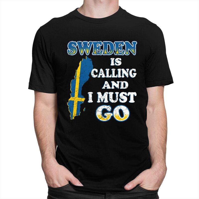 Mens Sweden Is Calling T Shirt Short Sleeve Cotton Tshirts Valentines Day Gift Casual Sweden Flag Tee Loose Fit Clothing