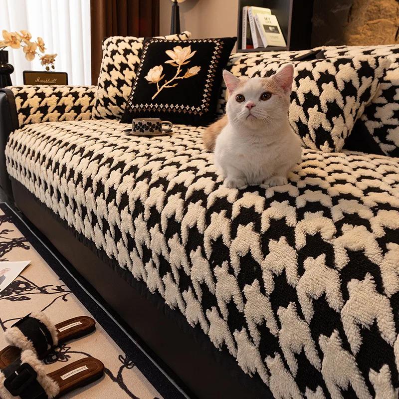 Winter Super Soft Thick Plush Sofas Covers Grid Pattern Warm Winter Luxury Full Cover Slipcover Sofa Towel Living Room Decor