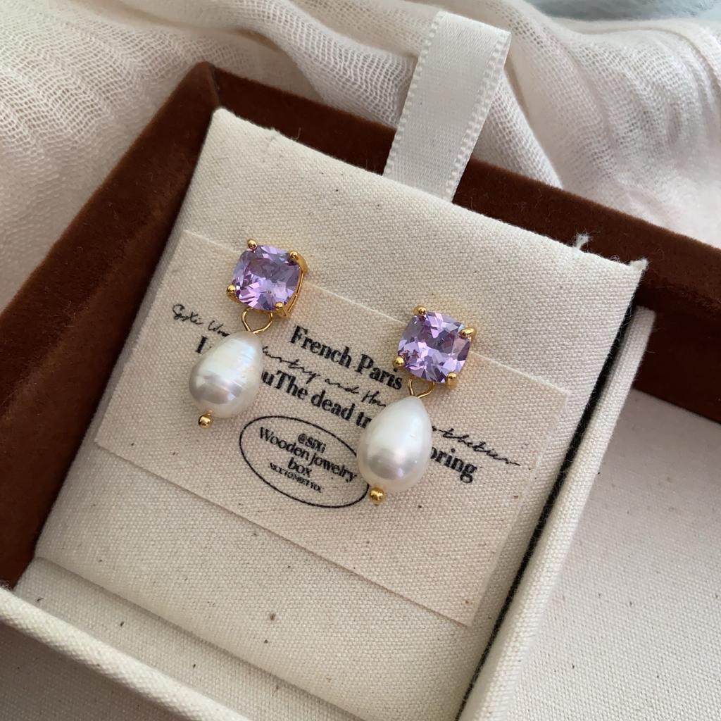 20 Purple Crystal Zircon Lavender Earrings Premium Light Luxury Baroque French Stud Earrings Stream