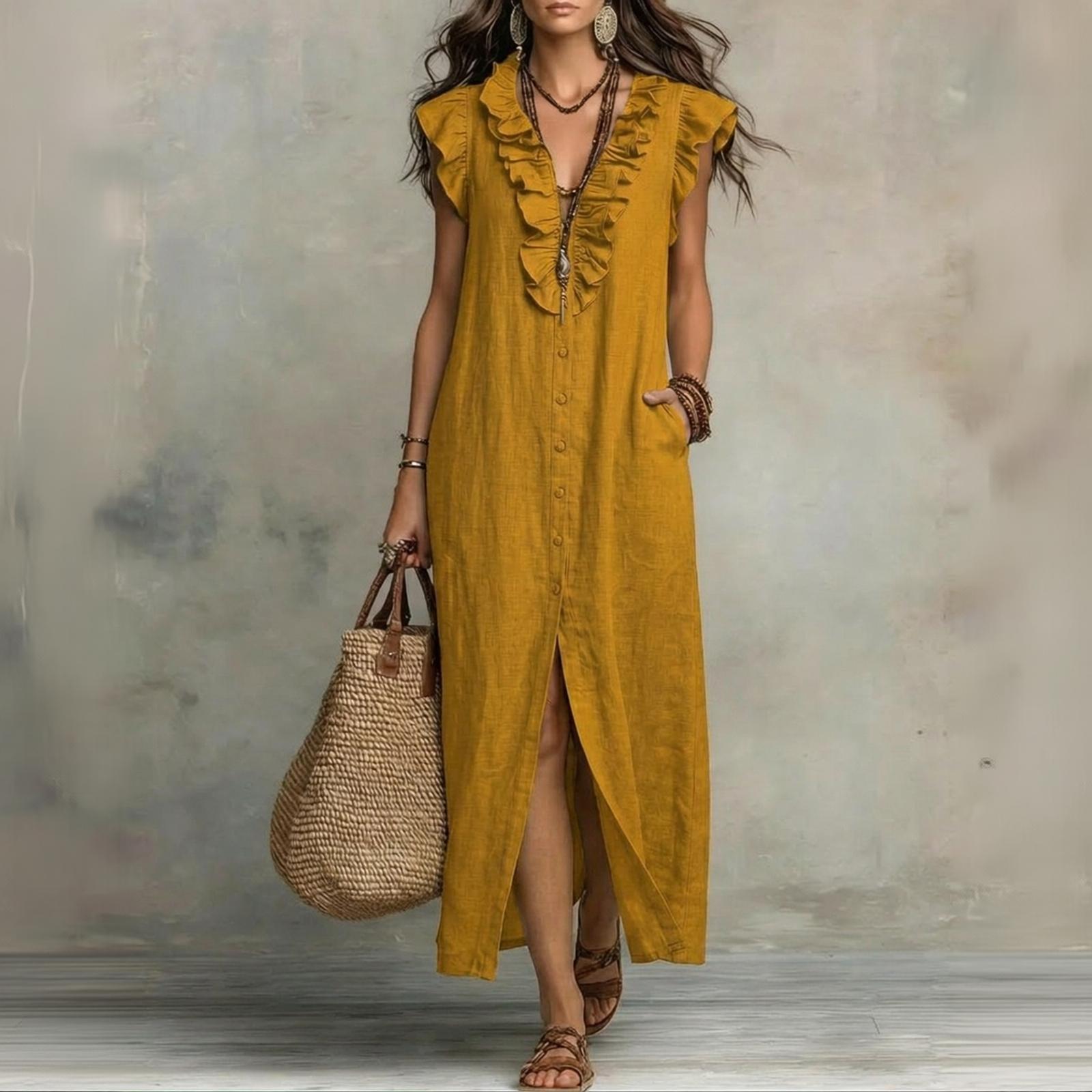Ärmelloses V-Ausschnitt-Maxikleid mit Rüschenbesatz, Knopfleiste vorne, Schlitz, lockerer Schnitt für Damen, Lässige Sommer-Strandmode XXL gelb