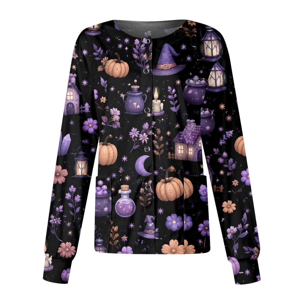 Women's Halloween Print Long Sleeve Button Front Cardigan for Costume Party and Casual Outwear