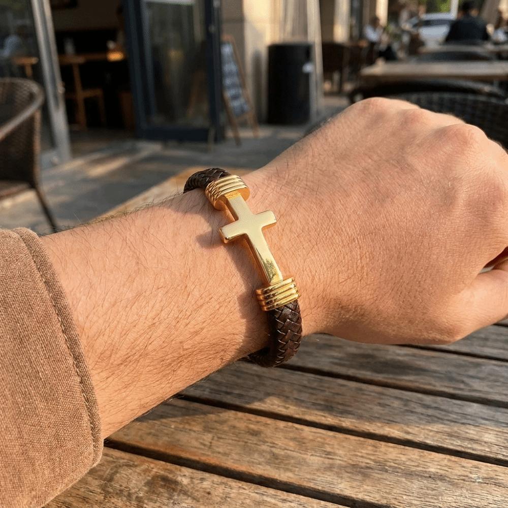 Magnetic Buckle Cross Leather Bracelet Multi-Strand Braiding Christian Bracelet Gift for Boyfriend