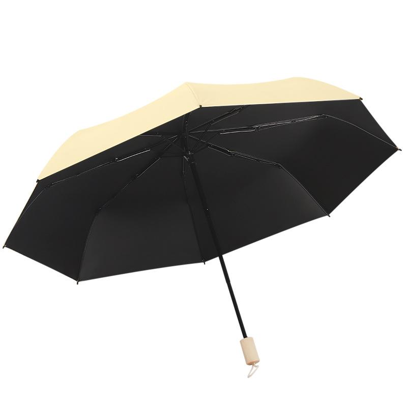 New three-fold simple plain color windproof and sun protection creative solid wood handle female vinyl parasol