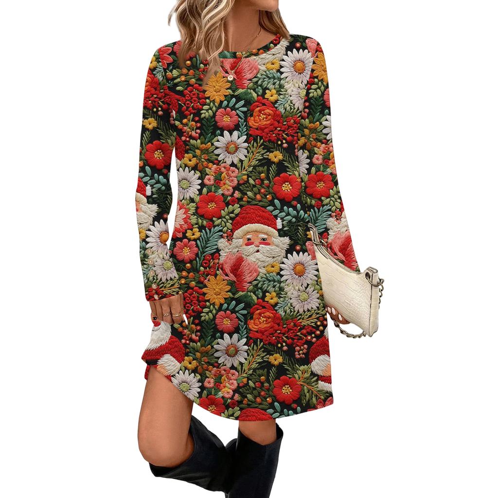 Women's Fashion Casual Dress With Pockets, Decorative Buttons, Christmas Prints, Round Neck And Long Sleeves