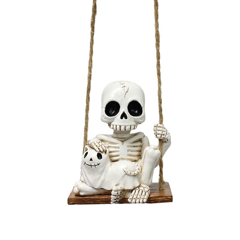 Swing Skeleton Holding Ghost Cat Garden Statue Outdoor Halloween Decor, 3.14 Inch Cute Skull Figurine Resin Sculpture