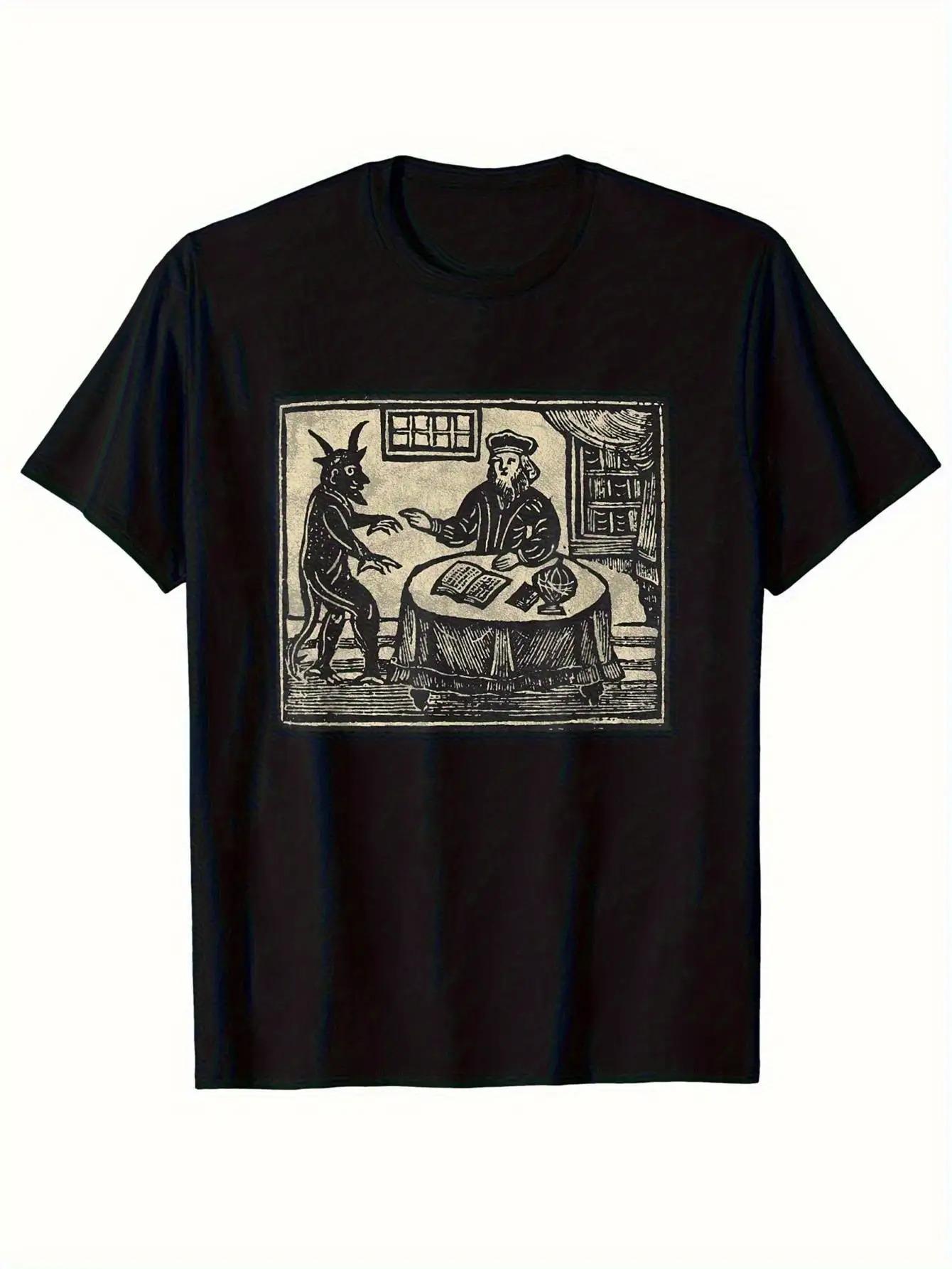 

Men s Gothic Horror Graphic T-Shirt- Devil J. S. Dramatic Wooden Pole& Mirror Design XXXL