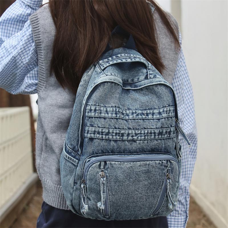 Denim Backpack Large Capacity Student Schoolbag Travel Commuter Backpack