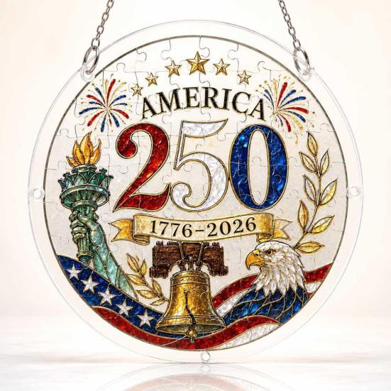 Acrylic Jigsaw Puzzle Suncatcher, US 250th Anniversary DIY Sun Catcher Kit, Stained Glass Style Patriotic Window Hanging Ornament for Independence Day