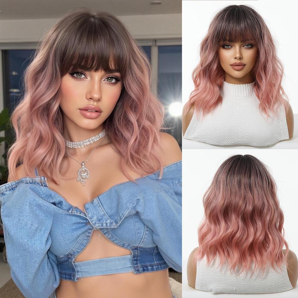 Short Wavy Blonde Bob Wig with Bangs for Women Synthetic Hair Daily Party Halloween