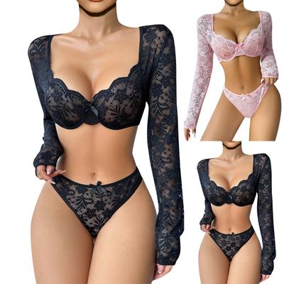 Women's Sexy Lace Split Long Sleeved Two-piece Sexy Lingerie Set