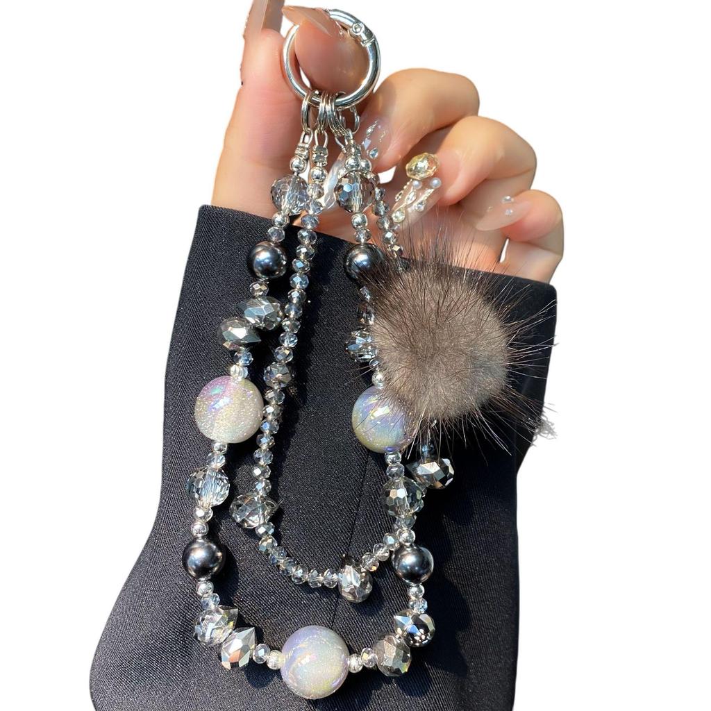 Mink Fur Ball Crystal Double Chain Beaded Pendant - Autumn/Winter Fashion Accessory