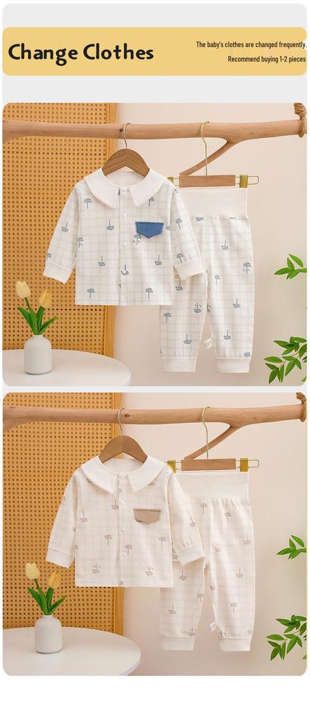 Frühlings- und Herbst-Baby-Baumwoll-Zweiteiler mit hohem Bund, nahtlos - Prinzessinnen- & Britischer Stil