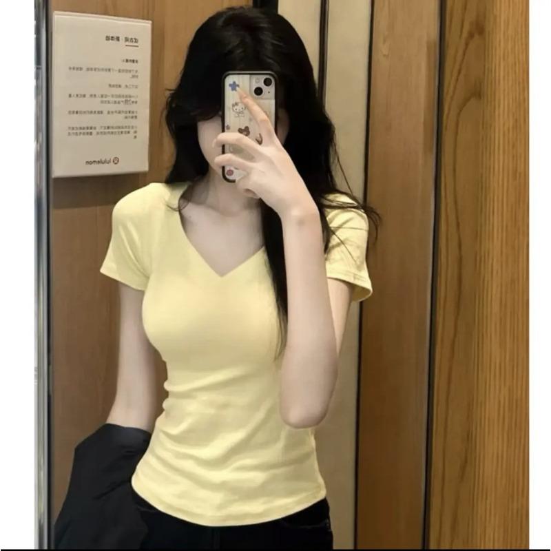 American Slim-fit Short-sleeved Inner with New Round Neck Front Shoulder Hong Kong Flavor Top Design Sense-shirt Women