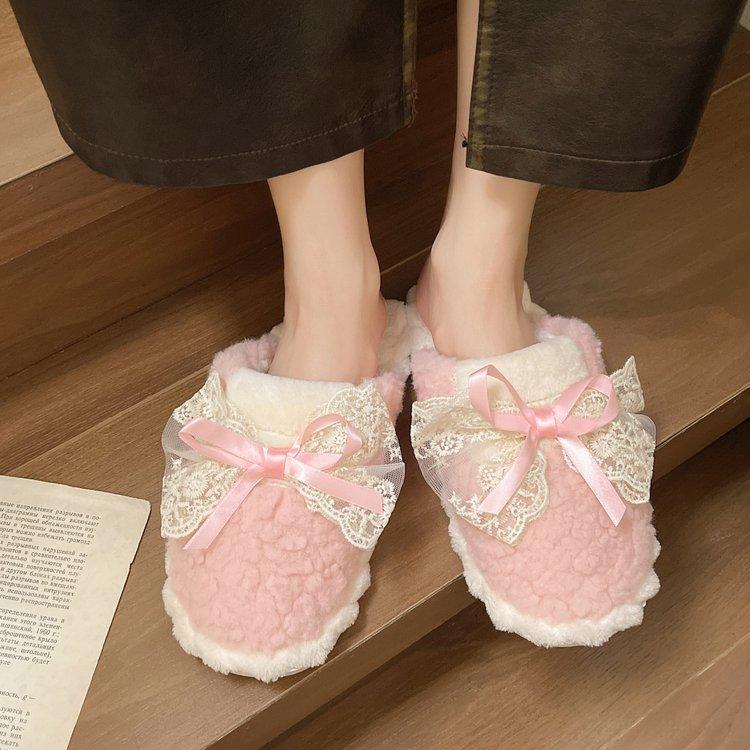 

Retro plush 2025 autumn and winter Internet celebrity casual cute bow women s indoor home thermal cotton slippers 41