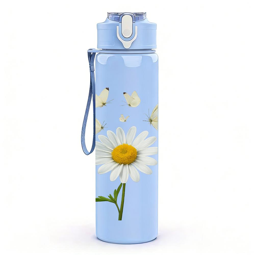 1PC White Daisy Butterfly Branch 750ml Color Plastic Sports Water Bottle Leakproof Flip Straw Lid For Sports Office Home Use