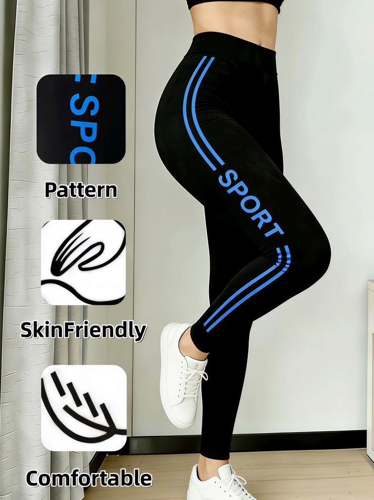 Women'S High Waist Blue Letter Print Sports Leggings Soft Stretchy Fitness Pants For Gym Running Daily Shopping