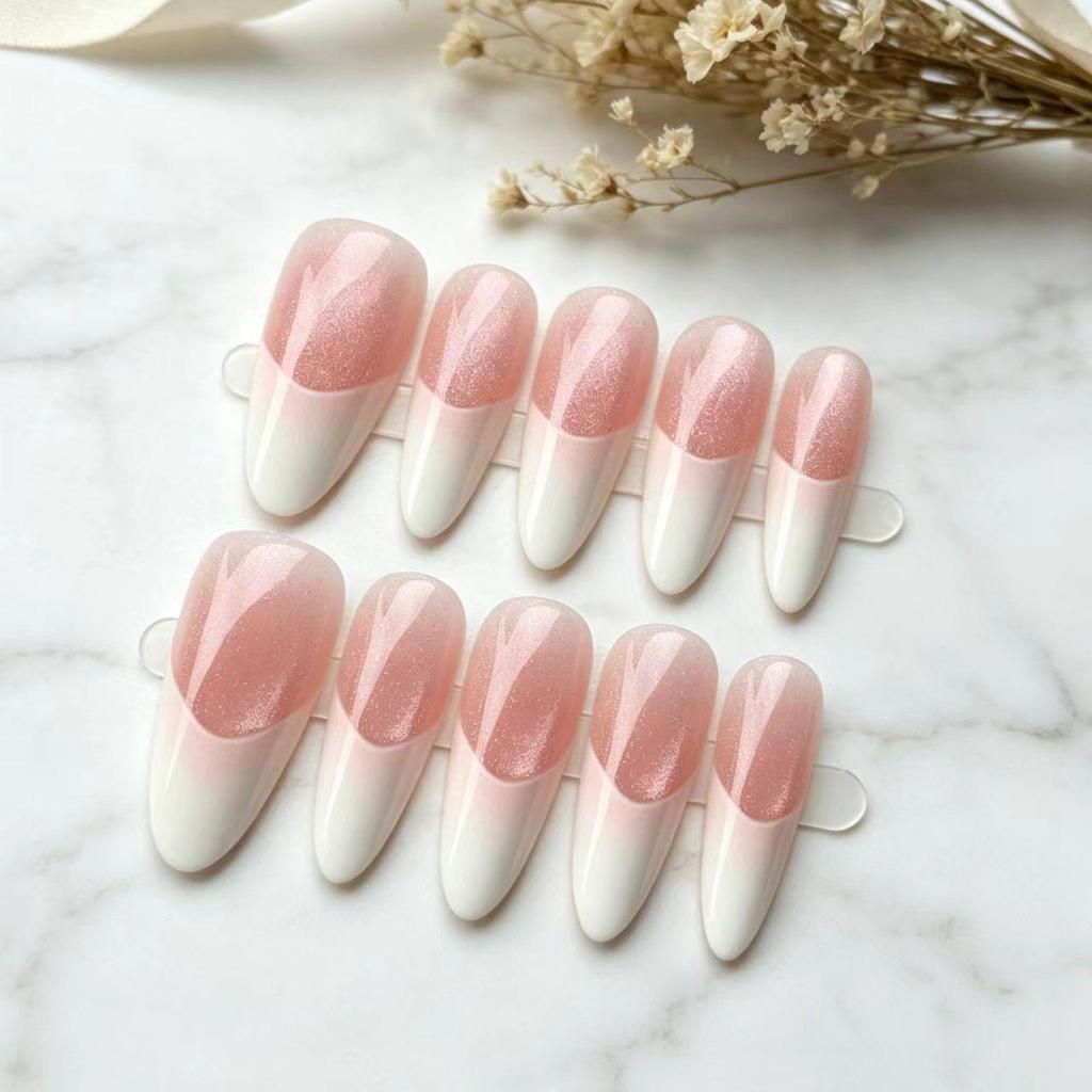 French Ice Translucent Cat Eye Almond Wearable Long Nails - Nude Whitening High-Grade Removable Nail Art Tips