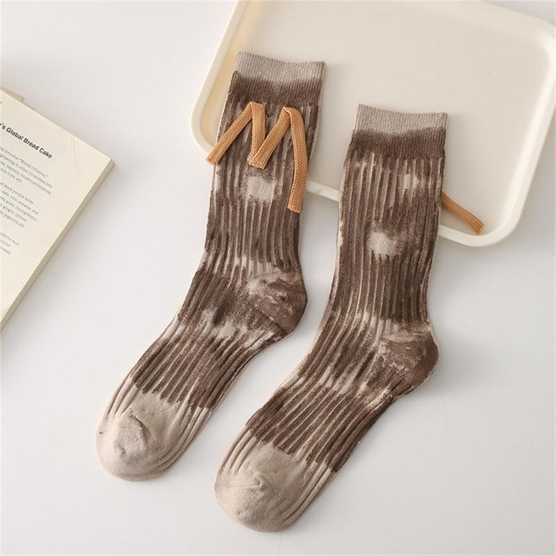 Japanese Women Y2K Graffiti Tie Dye Cotton Crew Socks Harajuku M Letter Ribbed Knit Skateboard Middle Tube Calf Socks