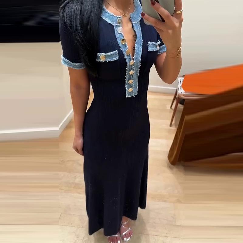 Dámské elegantní letní džínové patchworkové dlouhé šaty, zapínání na knoflíky, kulatý výstřih, pletené šaty