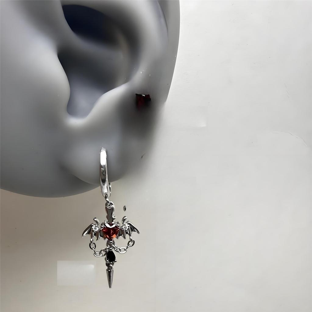 Dark Goth Style Demon Wings Tassel Chain Cross-shaped Hoop Earrings Red Zircon Snowflake Stud Earrings Men Women's Punk Jewelry