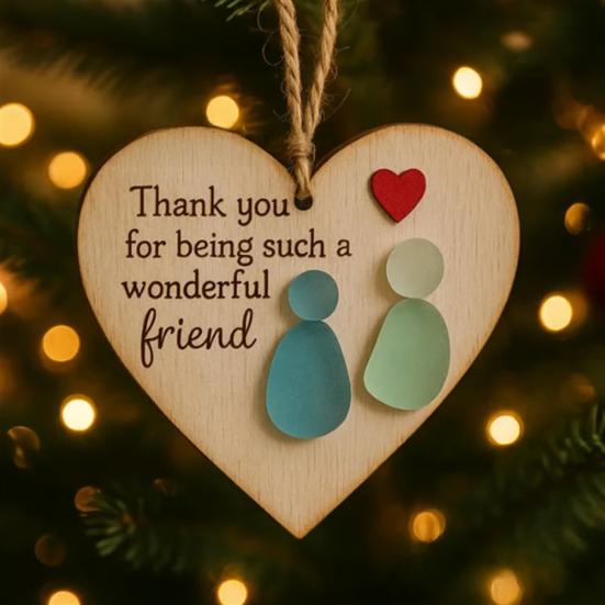 Friendship Heart Keepsake Wooden Heart Pendant Handmade Sea Glass Art Hanging Decoration with Warm Message Gift for Friends